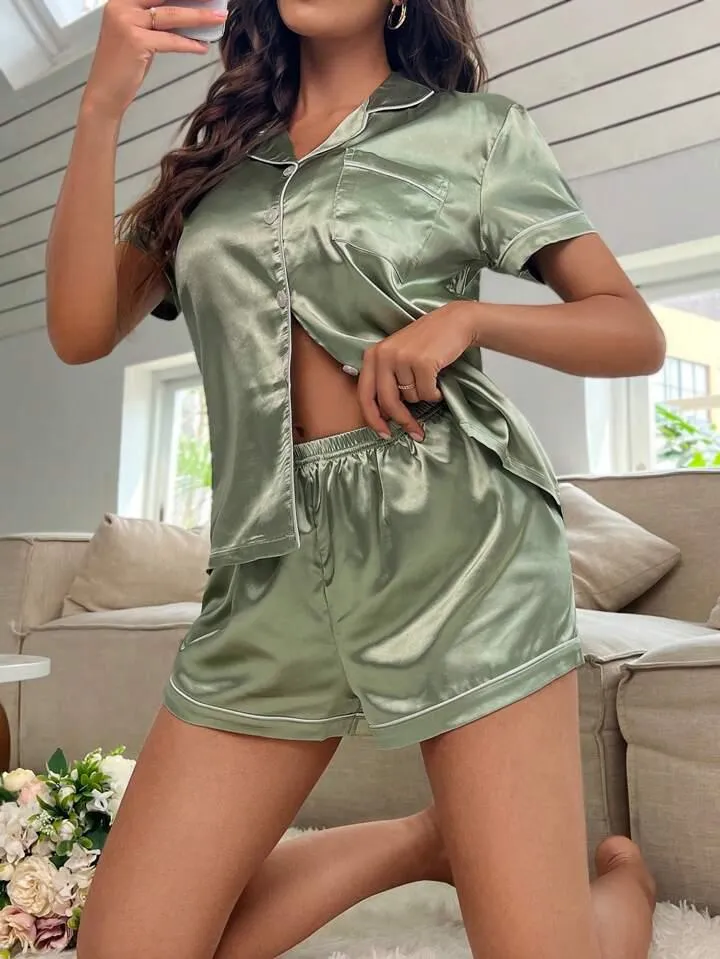 Women's Satin Plain/Solid Relaxed Night Suit Set of Top & Shorts Set