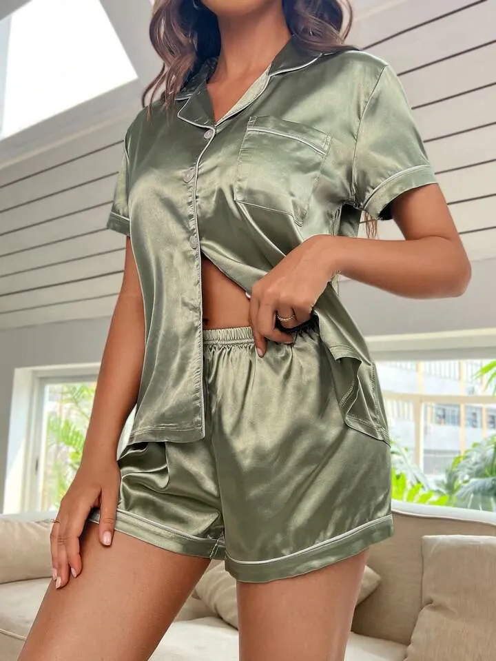 Women's Satin Plain/Solid Relaxed Night Suit Set of Top & Shorts Set