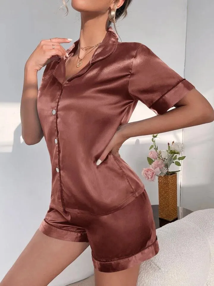 Women's Satin Plain/Solid Relaxed Night Suit Set of Top & Shorts Set