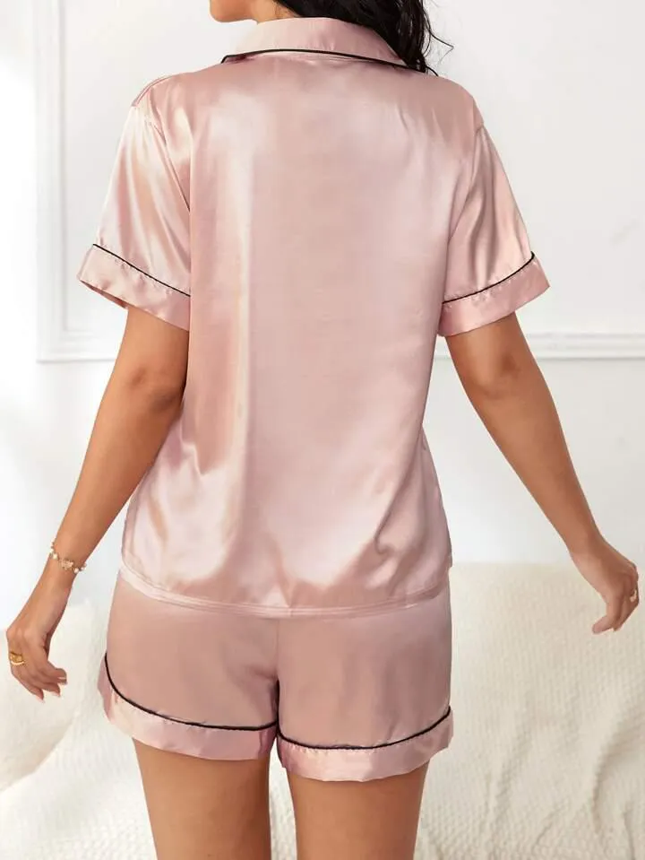 Women's Satin Plain/Solid Relaxed Night Suit Set of Top & Shorts Set