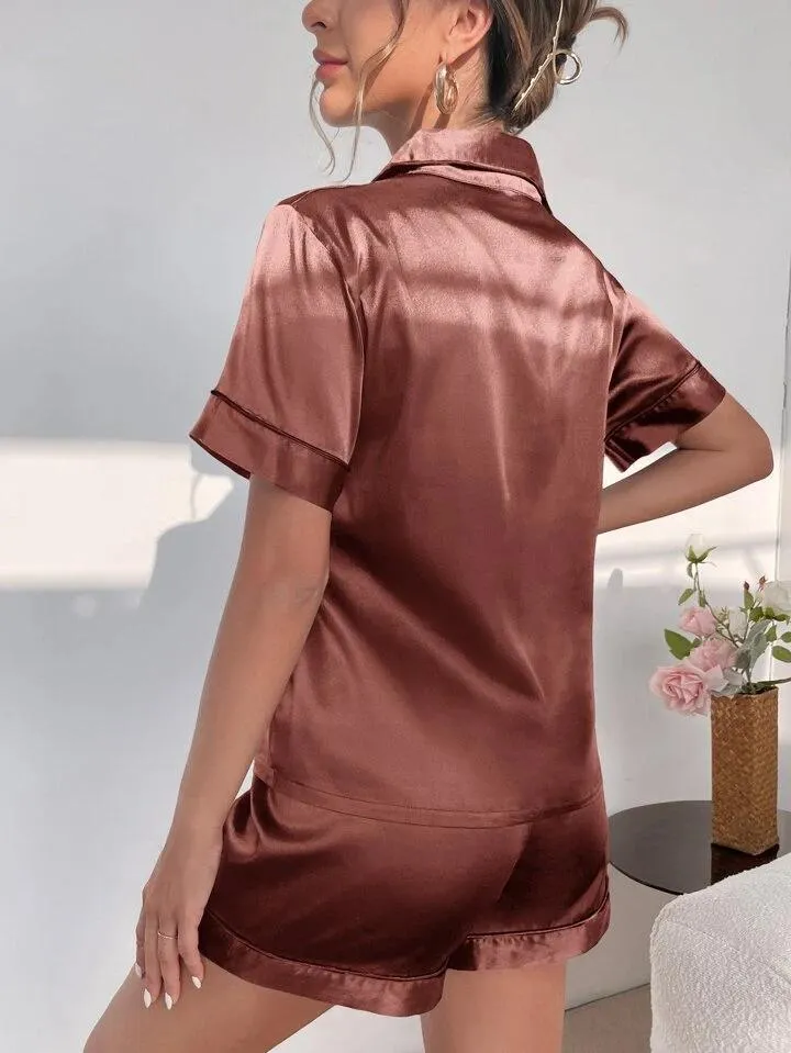 Women's Satin Plain/Solid Relaxed Night Suit Set of Top & Shorts Set