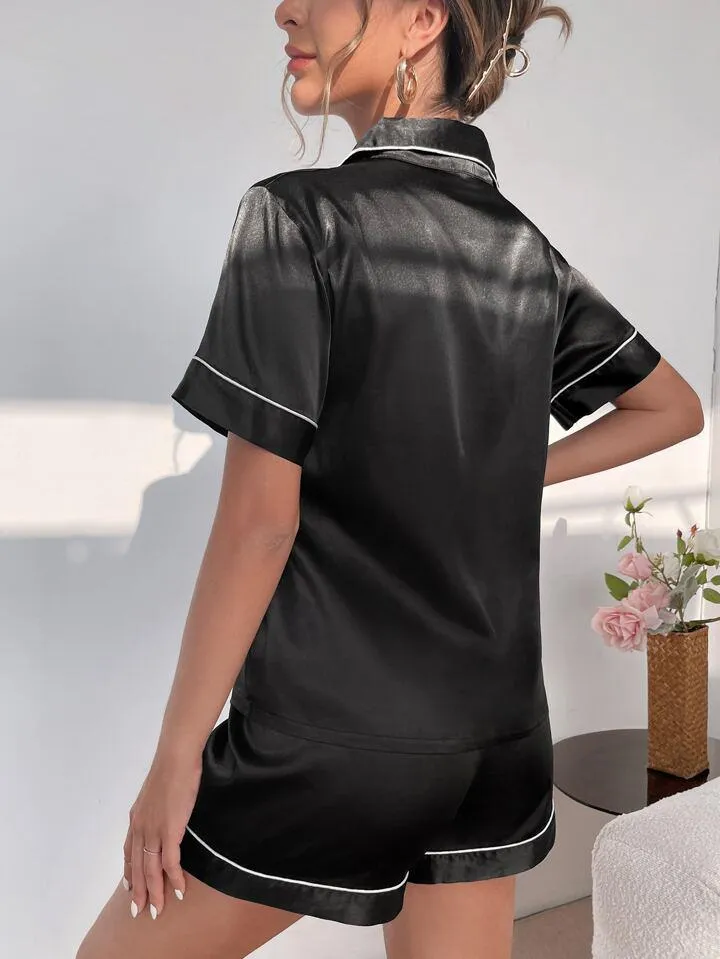 Women's Satin Plain/Solid Relaxed Night Suit Set of Top & Shorts Set