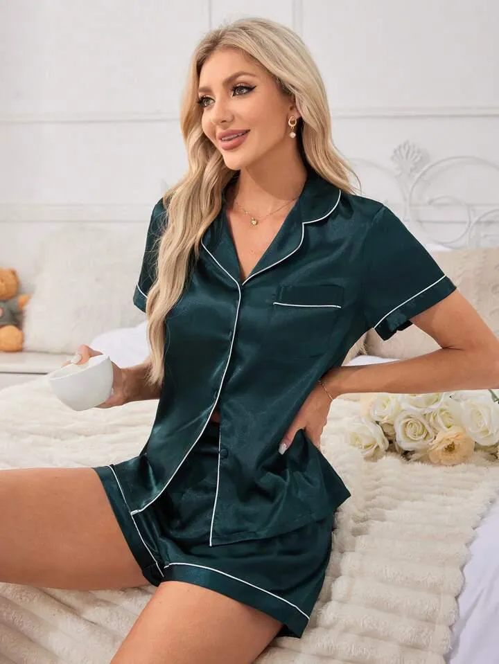 Women's Satin Plain/Solid Relaxed Night Suit Set of Top & Shorts Set