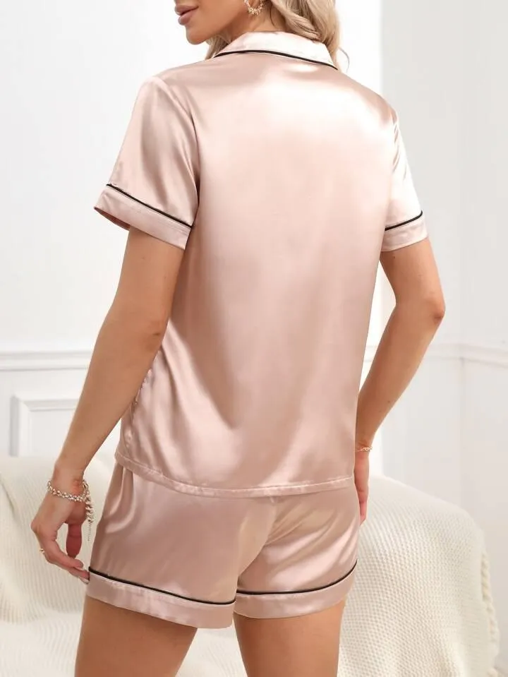 Women's Satin Plain/Solid Relaxed Night Suit Set of Top & Shorts Set