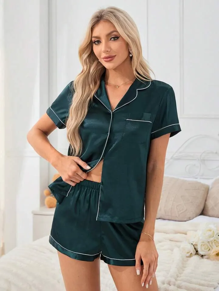 Women's Satin Plain/Solid Relaxed Night Suit Set of Top & Shorts Set
