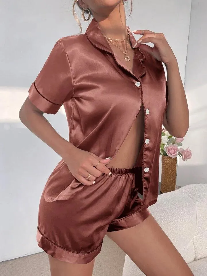Women's Satin Plain/Solid Relaxed Night Suit Set of Top & Shorts Set