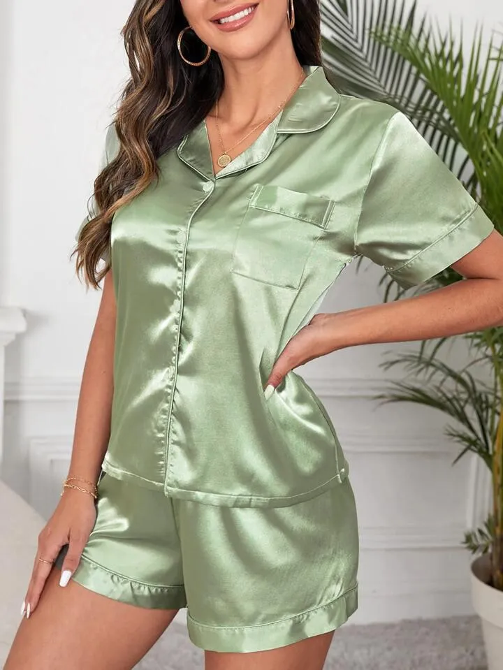 Women's Satin Plain/Solid Relaxed Night Suit Set of Top & Shorts Set