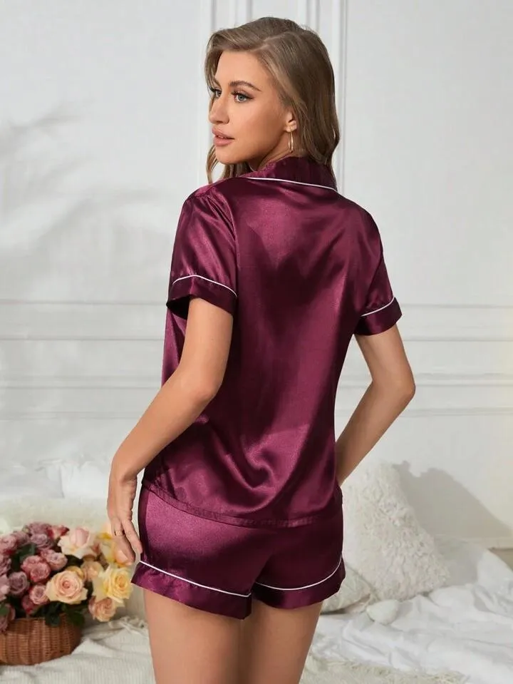 Women's Satin Plain/Solid Relaxed Night Suit Set of Top & Shorts Set