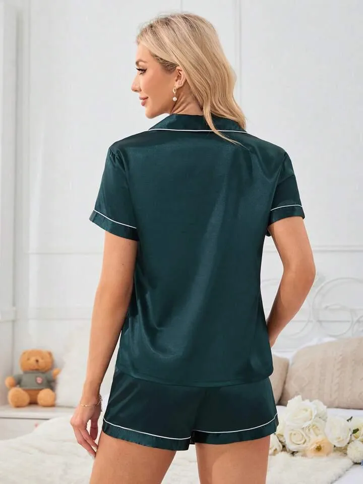 Women's Satin Plain/Solid Relaxed Night Suit Set of Top & Shorts Set