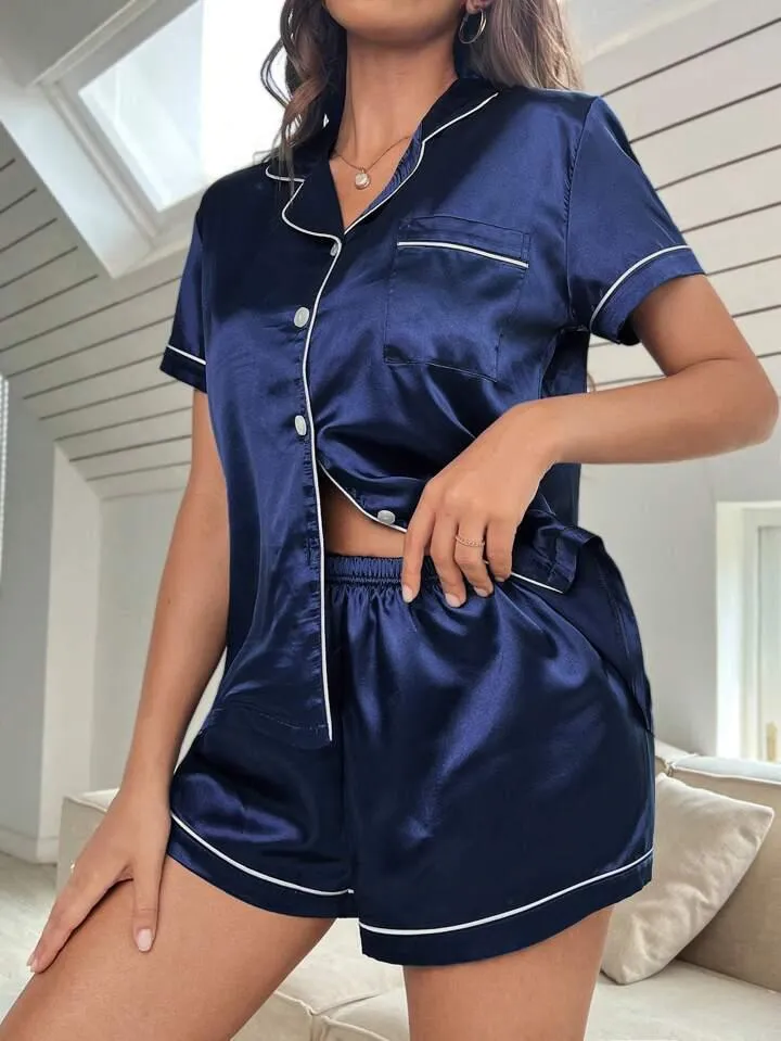 Women's Satin Plain/Solid Relaxed Night Suit Set of Top & Shorts Set
