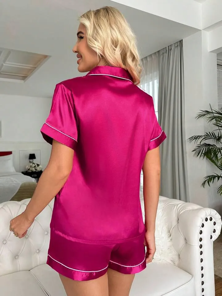 Women's Satin Plain/Solid Relaxed Night Suit Set of Top & Shorts Set
