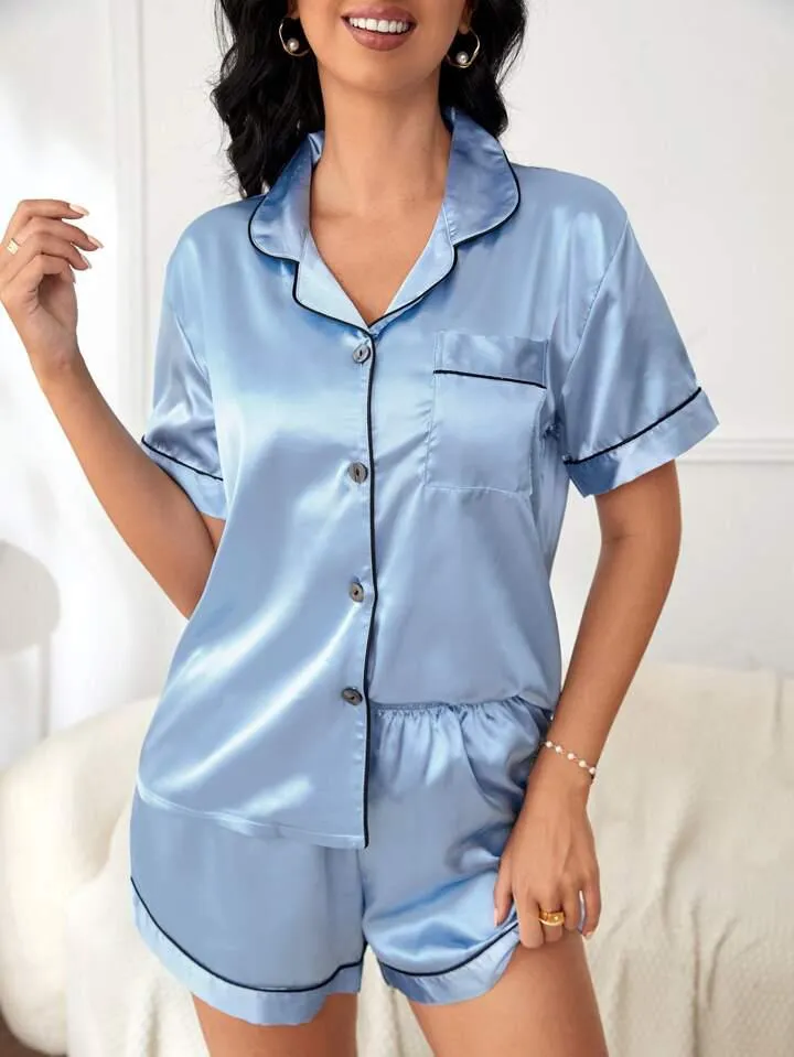 Women's Satin Plain/Solid Relaxed Night Suit Set of Top & Shorts Set