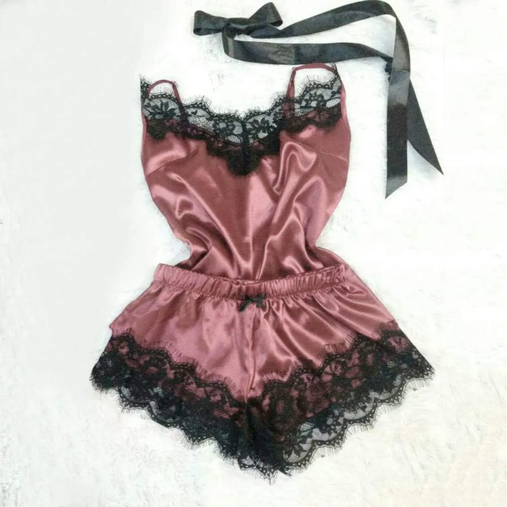 Women's Satin Silk Cami Top and Shorts Lounge Set 2 Piece Camisole Womens Exotic Lingerie Sets Lace Camisole Top Sexy