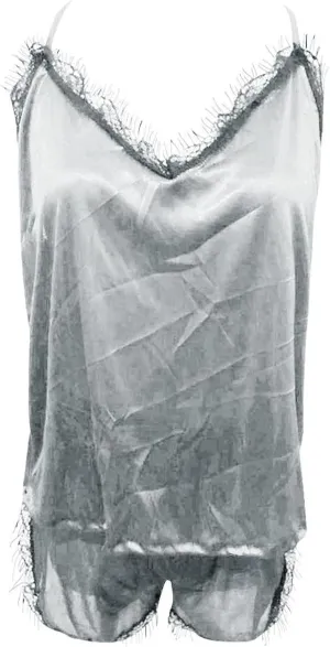 Women's Satin Silk Cami Top and Shorts Lounge Sets Eyelet Sexy Two Piece Lingerie Set Scalloped Lace Trim Silk Satin