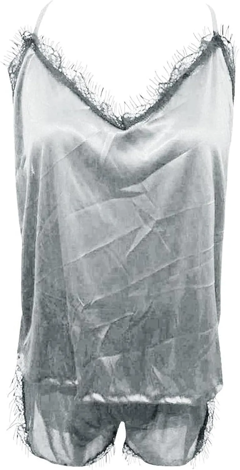 Women's Satin Silk Cami Top and Shorts Lounge Sets Eyelet Sexy Two Piece Lingerie Set Scalloped Lace Trim Silk Satin