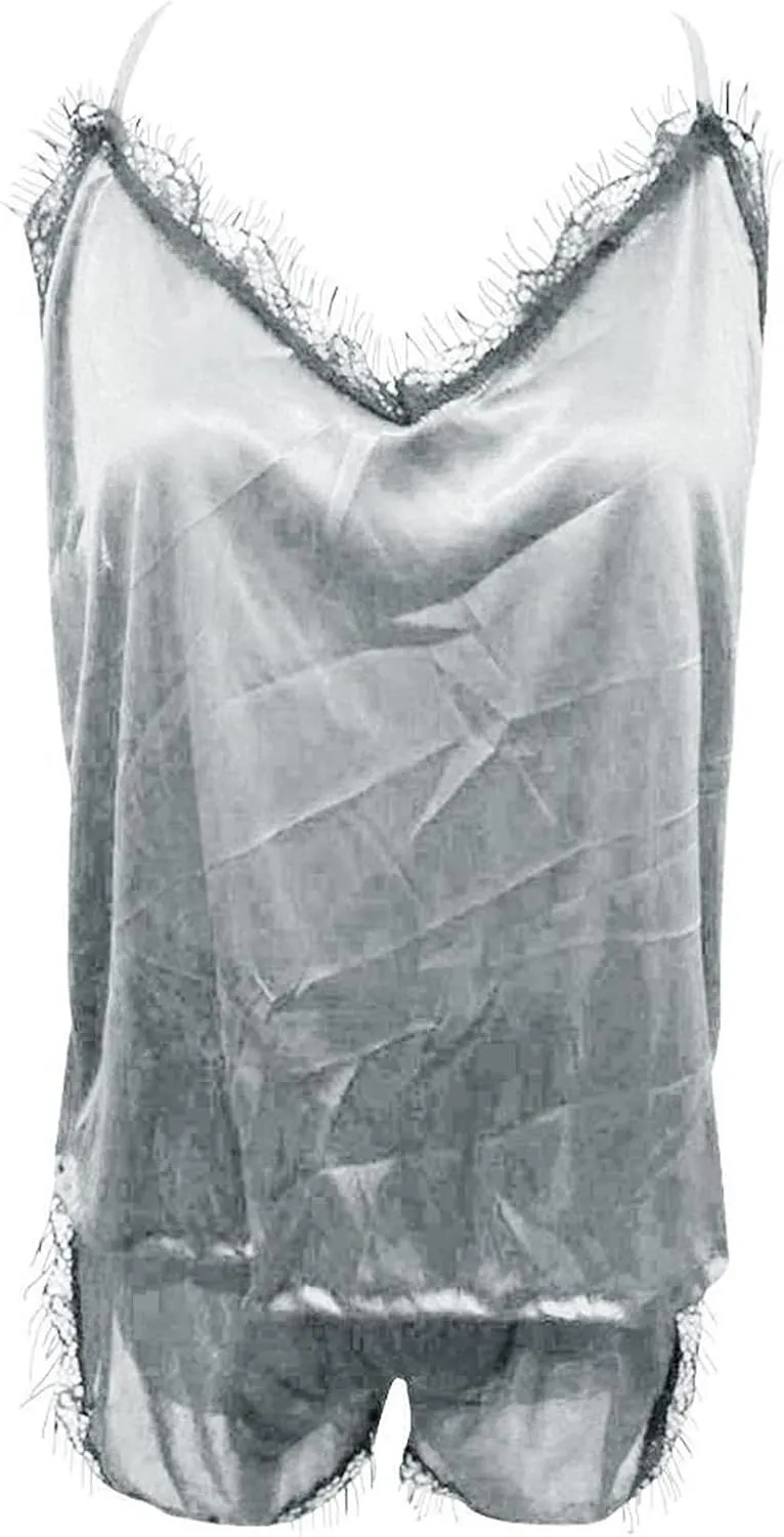 Women's Satin Silk Cami Top and Shorts Lounge Sets Eyelet Sexy Two Piece Lingerie Set Scalloped Lace Trim Silk Satin