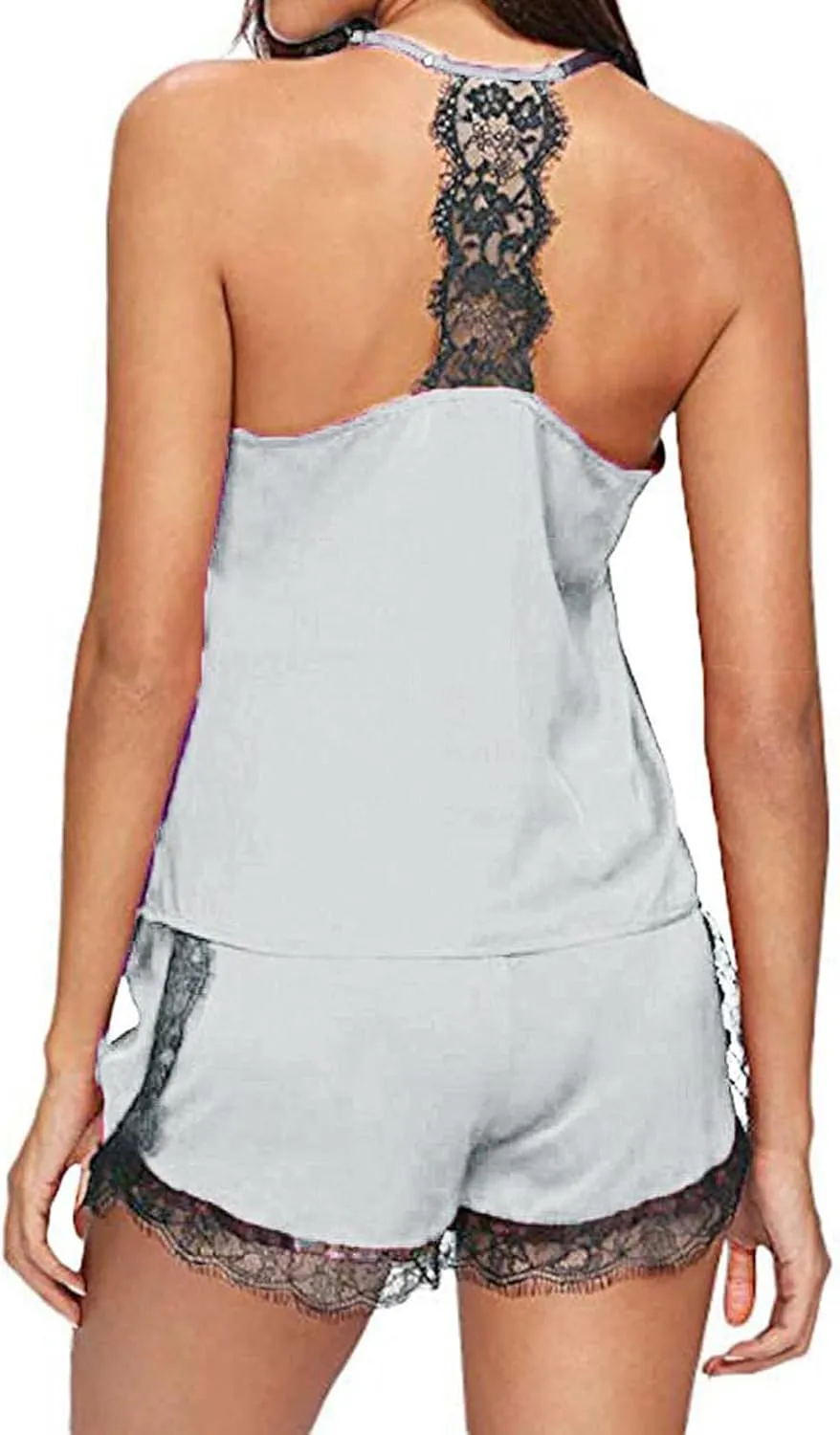 Women's Satin Silk Camisole Shorts Set Pjs Sets Eyelet Soft 2 Piece Lingerie for Women Set Cami Camisole Top Lace