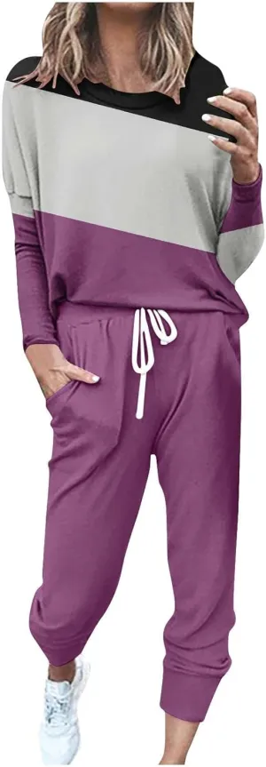 Womens Satin Silky Pajama Sets Women's Two Outfit Long Sleeve Crewneck Pullover Tops and Long Loose Plush Sleepwear