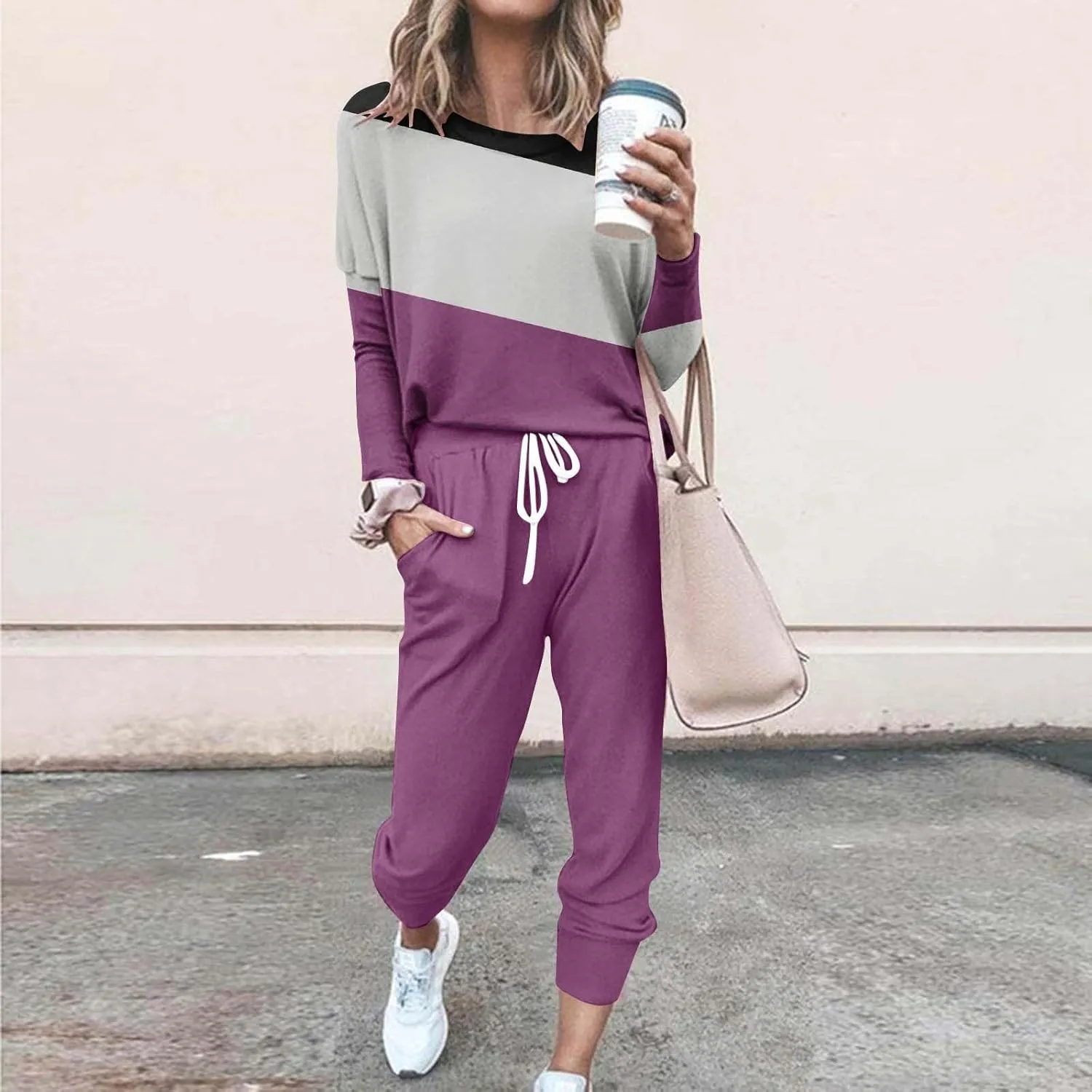 Womens Satin Silky Pajama Sets Women's Two Outfit Long Sleeve Crewneck Pullover Tops and Long Loose Plush Sleepwear