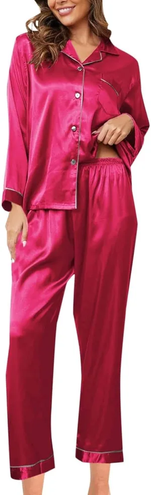 Women's Satin Silky Pajamas Set Collar Long Sleeve Shirts with Long Pants Pjs Sets 2Pcs Sleepwear Button Up Loungewear