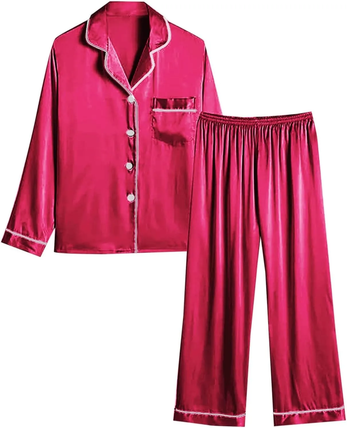 Women's Satin Silky Pajamas Set Collar Long Sleeve Shirts with Long Pants Pjs Sets 2Pcs Sleepwear Button Up Loungewear