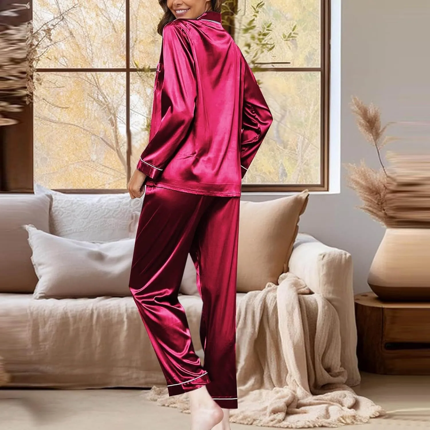Women's Satin Silky Pajamas Set Collar Long Sleeve Shirts with Long Pants Pjs Sets 2Pcs Sleepwear Button Up Loungewear