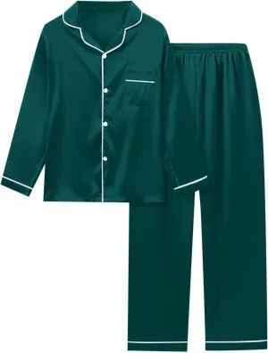 Women's Satin Silky Pajamas Set Silk Long Sleeve Shirts Pjs Sets 2Pcs Sleepwear Button Up Loungewear with Long Pants