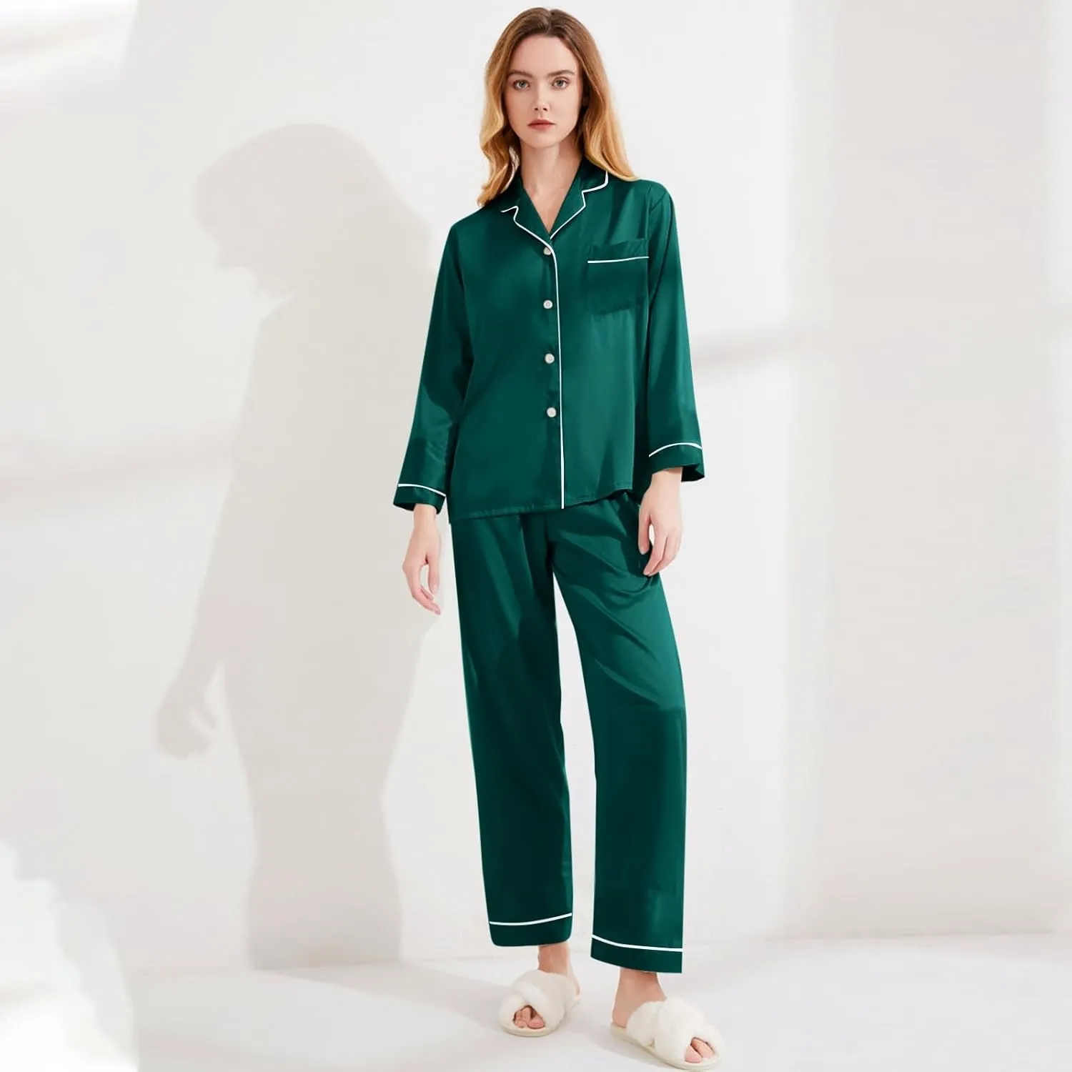 Women's Satin Silky Pajamas Set Silk Long Sleeve Shirts Pjs Sets 2Pcs Sleepwear Button Up Loungewear with Long Pants