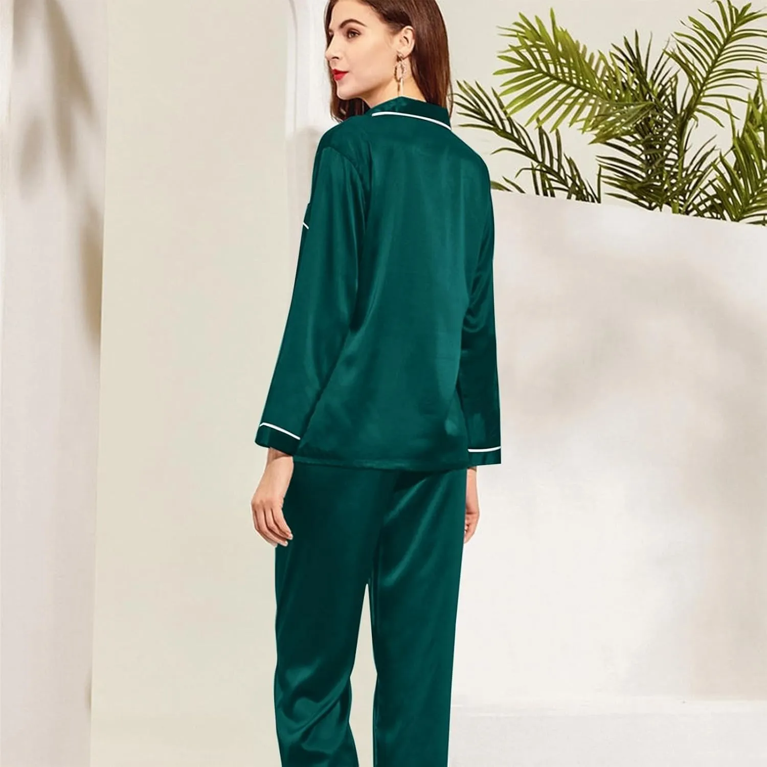 Women's Satin Silky Pajamas Set Silk Long Sleeve Shirts Pjs Sets 2Pcs Sleepwear Button Up Loungewear with Long Pants