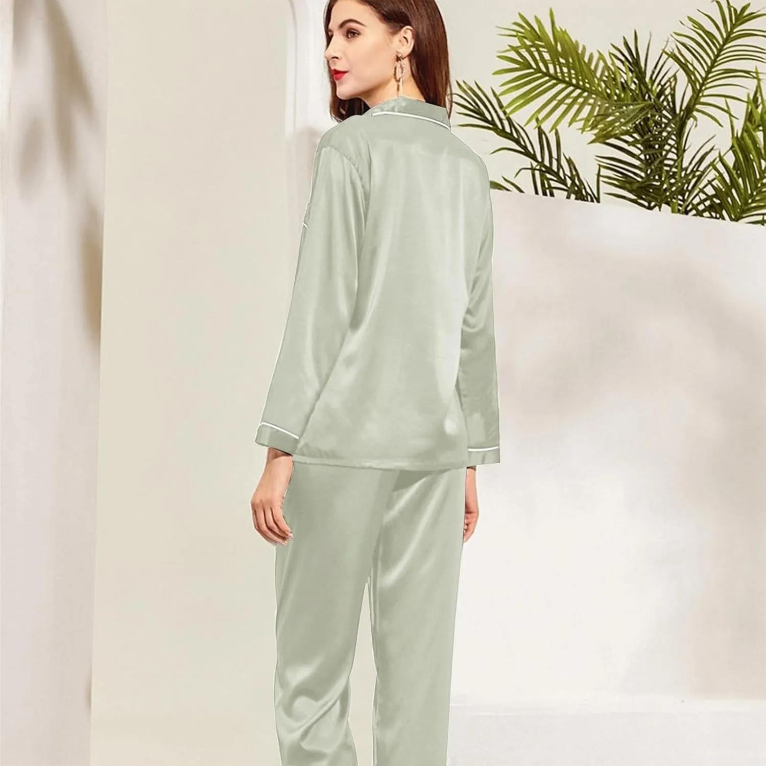 Women's Satin Silky Pajamas Set Silk Long Sleeve Shirts with Long Pants Pjs Sets 2Pcs Sleepwear Button Up Loungewear