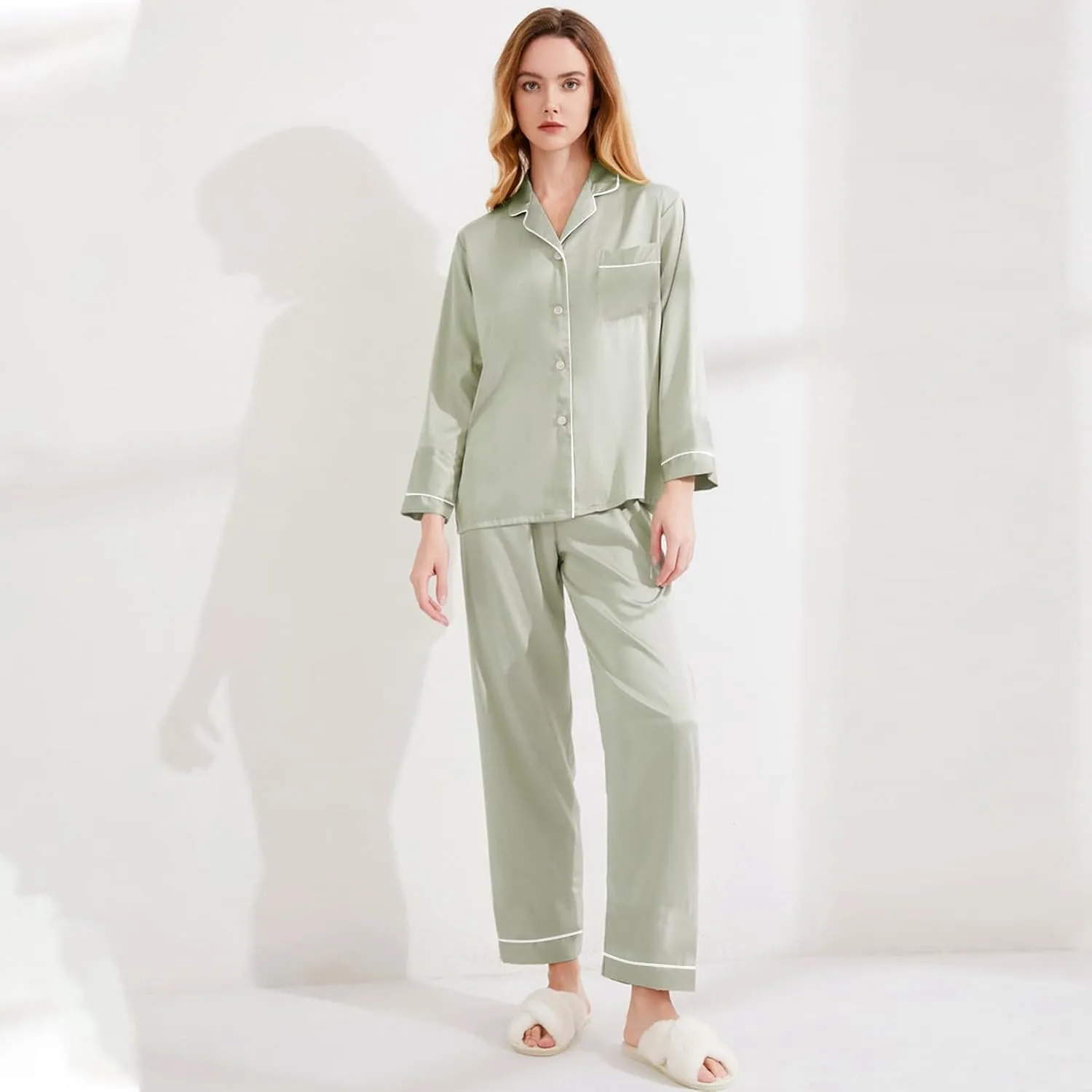 Women's Satin Silky Pajamas Set Silk Long Sleeve Shirts with Long Pants Pjs Sets 2Pcs Sleepwear Button Up Loungewear