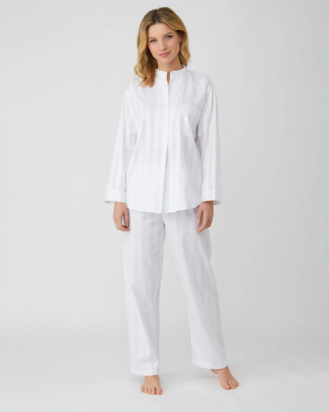 Women's Satin Stripe Cotton Pajamas - White