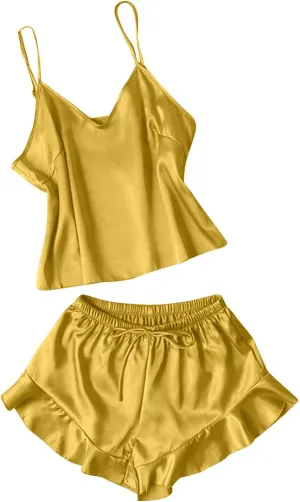 Womens Sexy 2 Piece Pajama Sets Satin Silk Lingerie Camisole Top and Ruffle Shorts Lounge Sets Cute Sleepwear