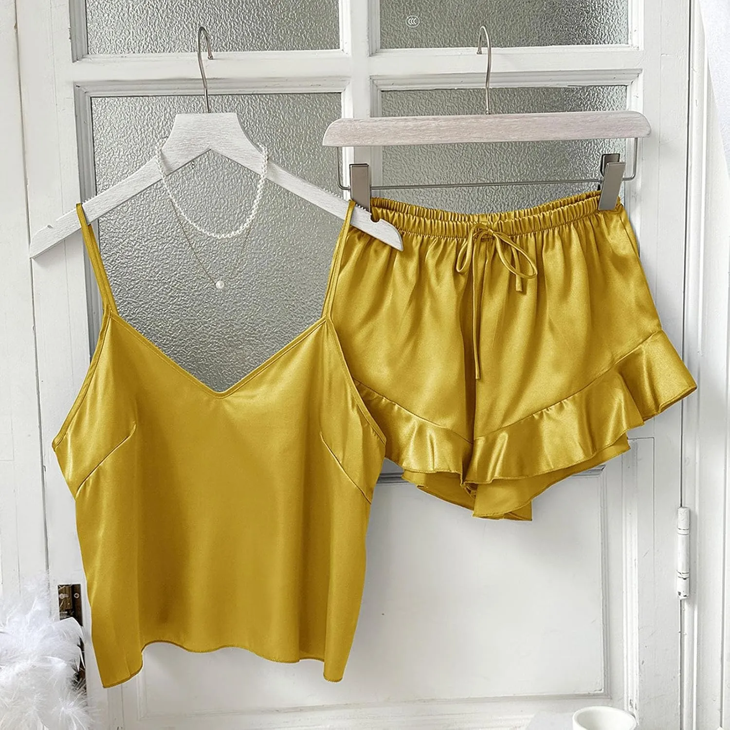 Womens Sexy 2 Piece Pajama Sets Satin Silk Lingerie Camisole Top and Ruffle Shorts Lounge Sets Cute Sleepwear