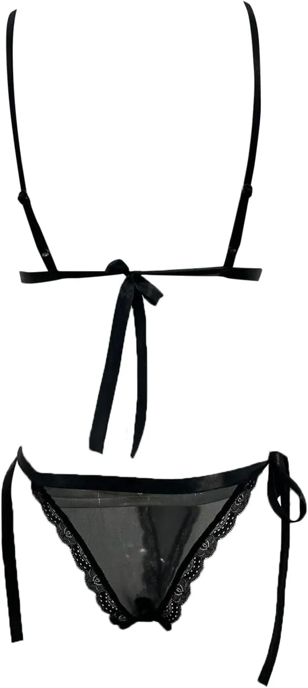 Women's Sexy Lace Bra and Panty Sets Scalloped Bow Knot Tie Side Deep V Neck Lingerie Sets See Through Underwear