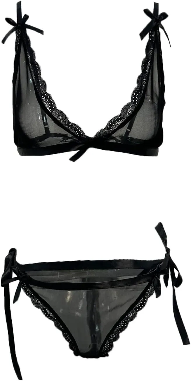 Women's Sexy Lace Bra and Panty Sets Scalloped Bow Knot Tie Side Deep V Neck Lingerie Sets See Through Underwear