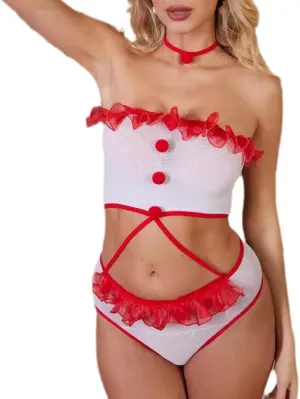 Women's Sexy Santa Christmas Lingerie Set Floral Lace Scallop Trim Bralette and High Waist Panty Set Exotic Sleepwear