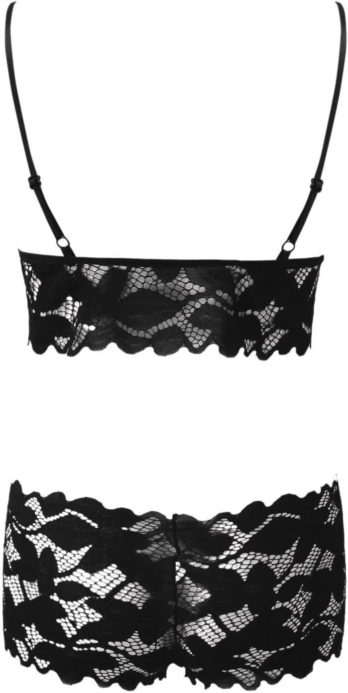 Women's Sexy Soft Lace Lingerie Set See Through Underwear Floral Lace Chain Babydoll Bra and Panty Sets 2 Piece