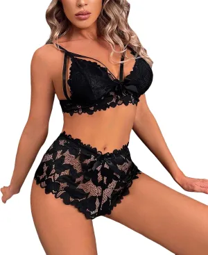 Women's Sexy Soft Lace Lingerie Set See Through Underwear Floral Lace Chain Babydoll Bra and Panty Sets 2 Piece