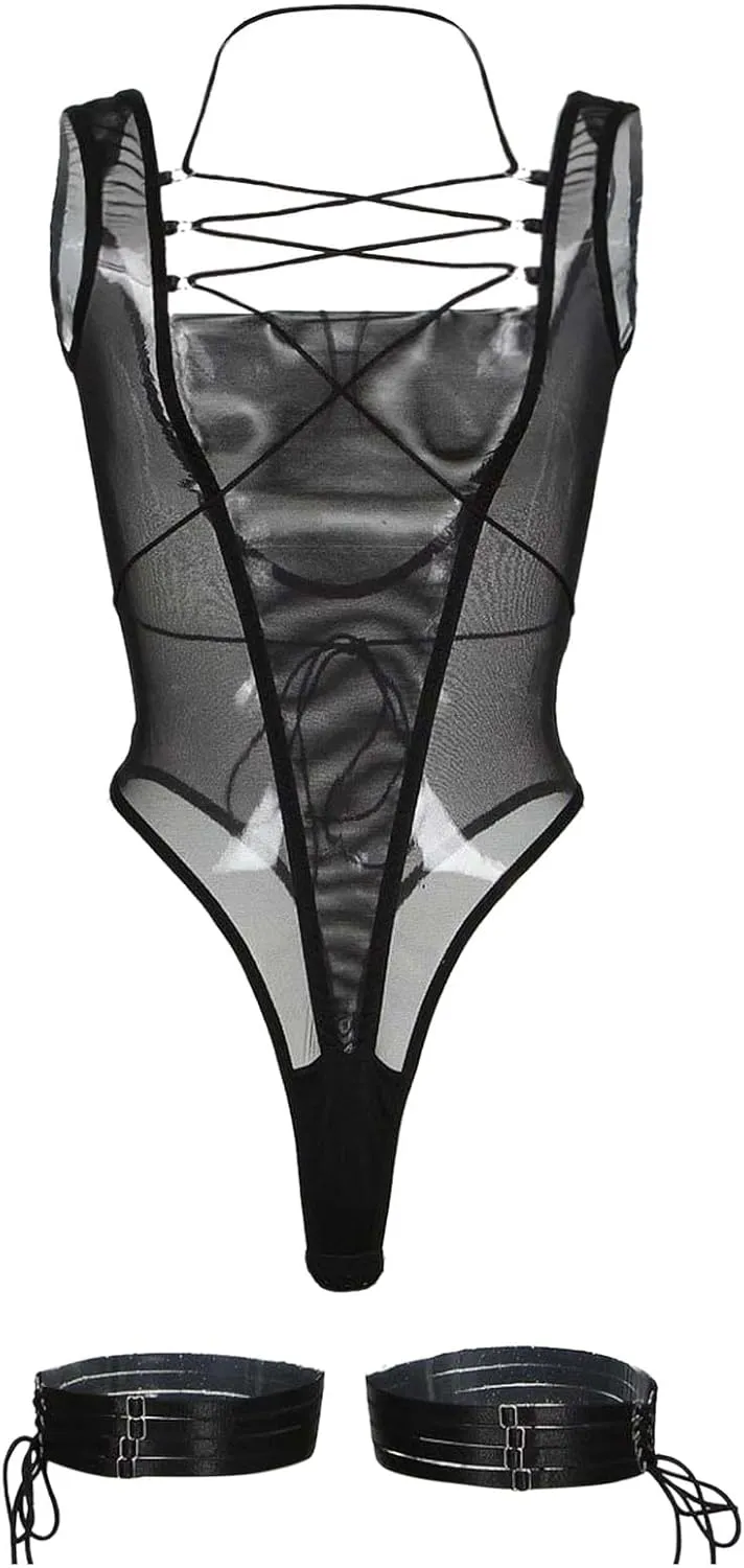 Women's Sheer Lace Lingerie Backless Strap Shaping Bodysuit