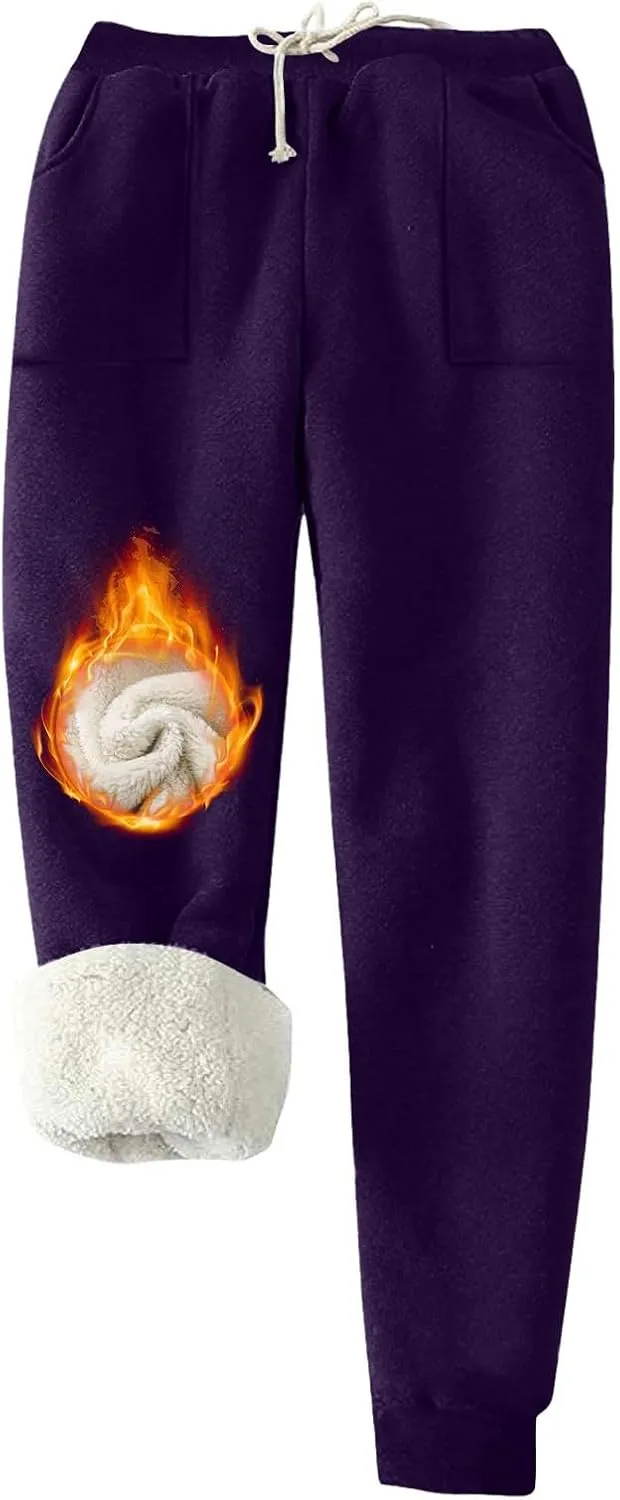 Womens Sherpa Lined Sweatpants Warm Thicken Fleece Winter Pants Straight Leg Cinch Bottom Jogger Pant with Pockets