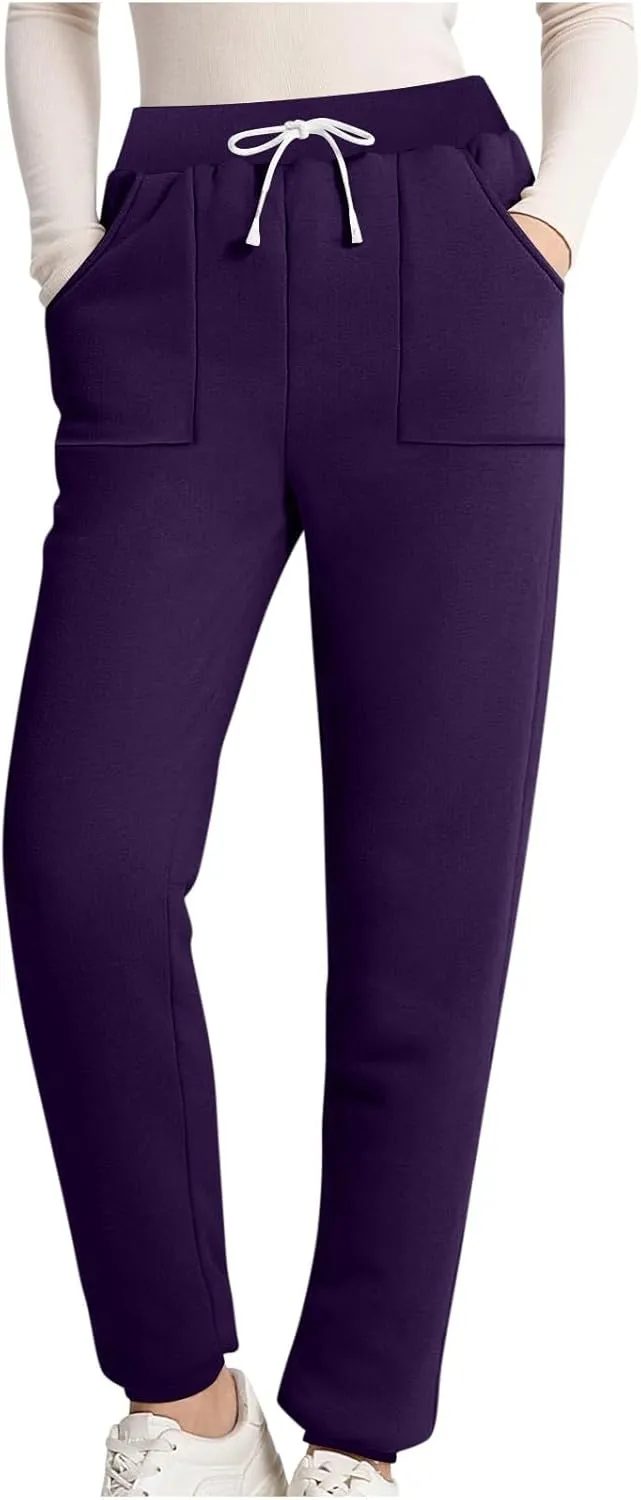 Womens Sherpa Lined Sweatpants Warm Thicken Fleece Winter Pants Straight Leg Cinch Bottom Jogger Pant with Pockets