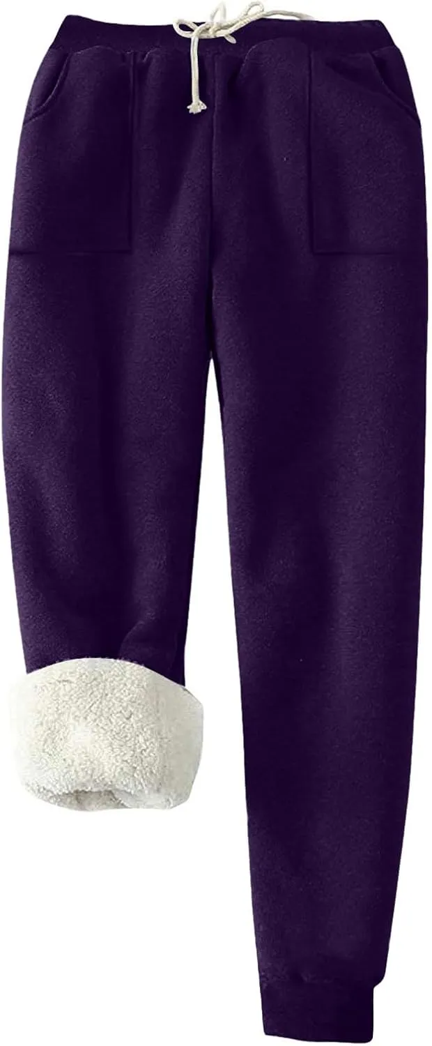 Womens Sherpa Lined Sweatpants Warm Thicken Fleece Winter Pants Straight Leg Cinch Bottom Jogger Pant with Pockets
