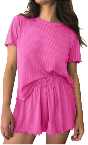 Women's Short Sleeve Ribbed Knit Top and Shorts Pajama Set Sleepwear Lounge Sets Summer Casual 2 Piece Pajama Sets