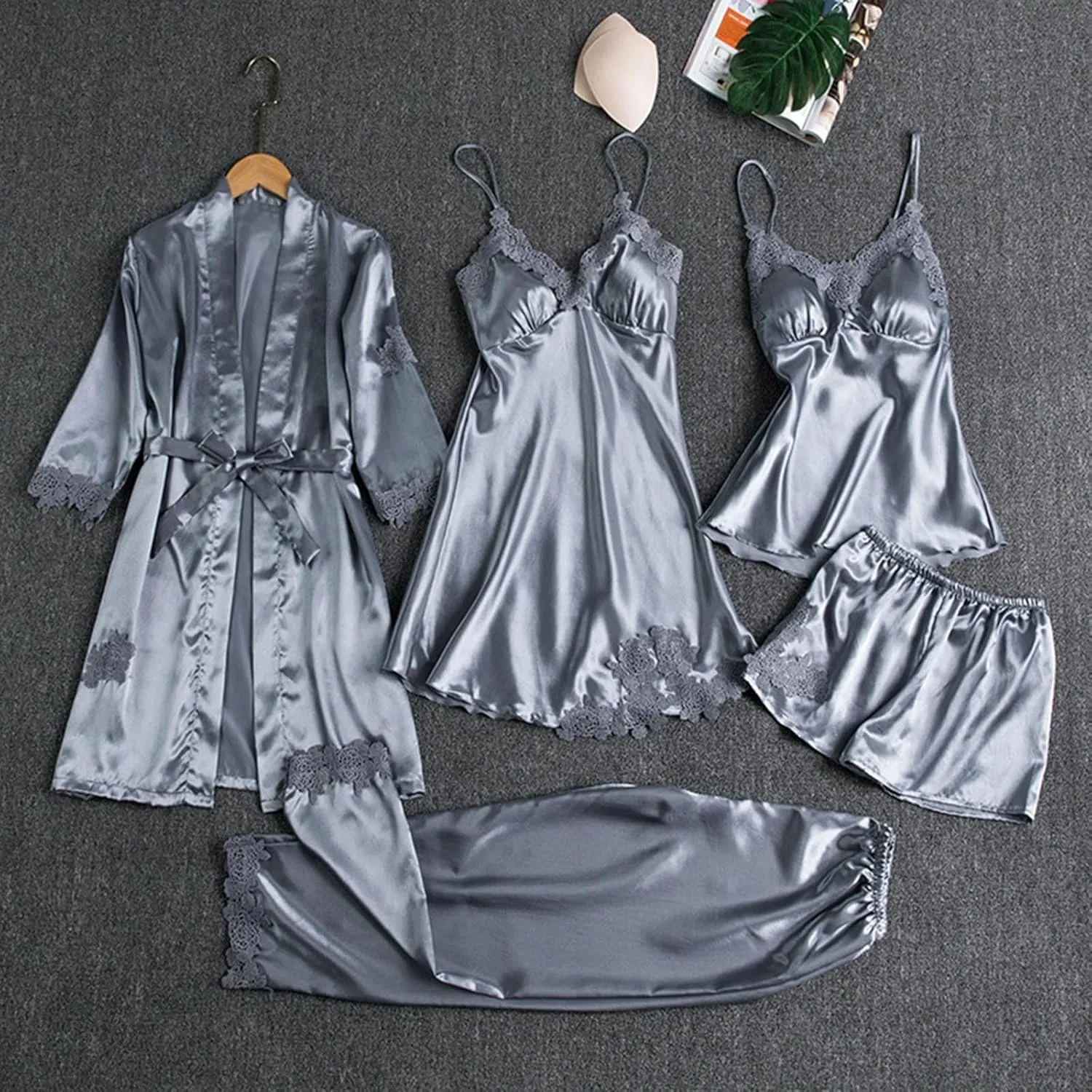 Womens Silk Pajamas Robes Set Sexy Satin Pjs Sets 5Pcs Nightgown Cami Shorts Pants Sleepwear Summer Cute Loungewear