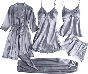 Womens Silk Pajamas Robes Set Sexy Satin Pjs Sets 5Pcs Nightgown Cami Shorts Pants Sleepwear Summer Cute Loungewear