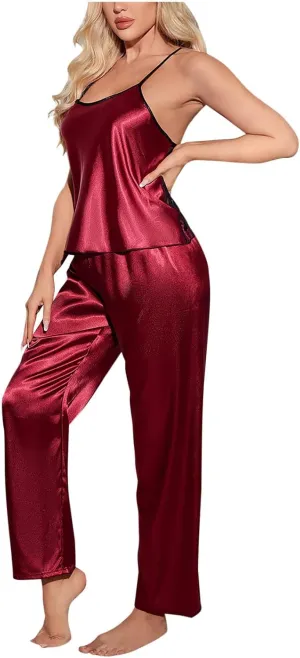 Womens Silk Satin Cami Pajama Sets 2 Piece Mesh Backless PJs Soft Lingerie Sleeveless Long Pants Camisole Lounge Set