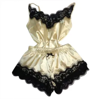 Women's Silk Satin Cami Shorts Sets Slppewear Sets Lace Soft 2 Piece Womens Lingerie Set Scalloped Lace Trim Cami Top
