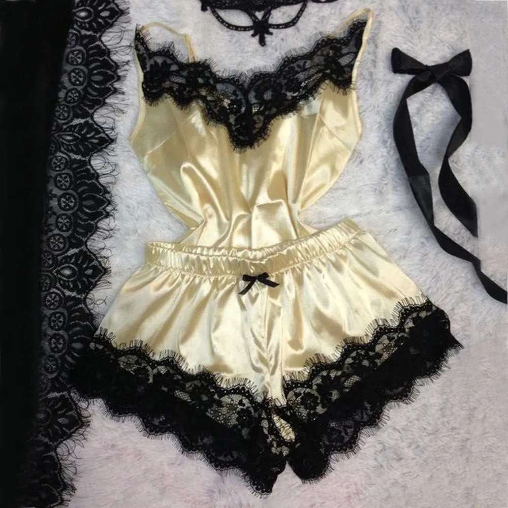 Women's Silk Satin Cami Shorts Sets Slppewear Sets Lace Soft 2 Piece Womens Lingerie Set Scalloped Lace Trim Cami Top