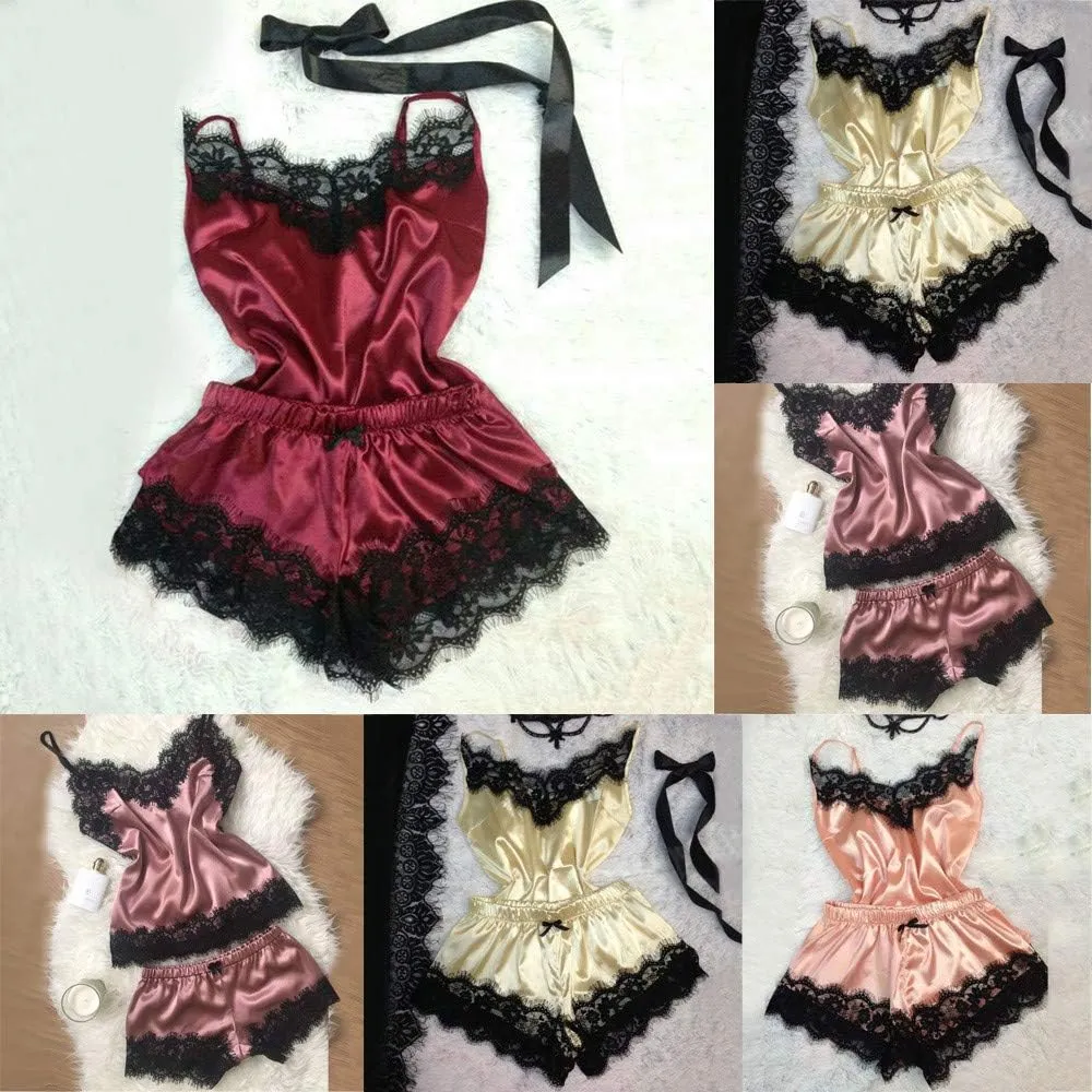 Women's Silk Satin Cami Top and Shorts Lounge Set 2 Piece Scalloped Lace Trim Sexy Lingerie Set Camisole Top Soft